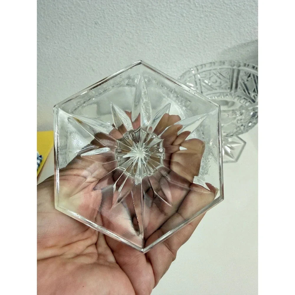 Vintage Pressed Glass Compote Bowls Set of 2 Starburst Diamond Cut Pedestal Dish